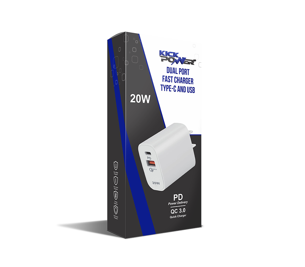 Kickpower - Fast Charging 20-Watt USB Dual Port PD Qi Wall Charger for any Smart Device
