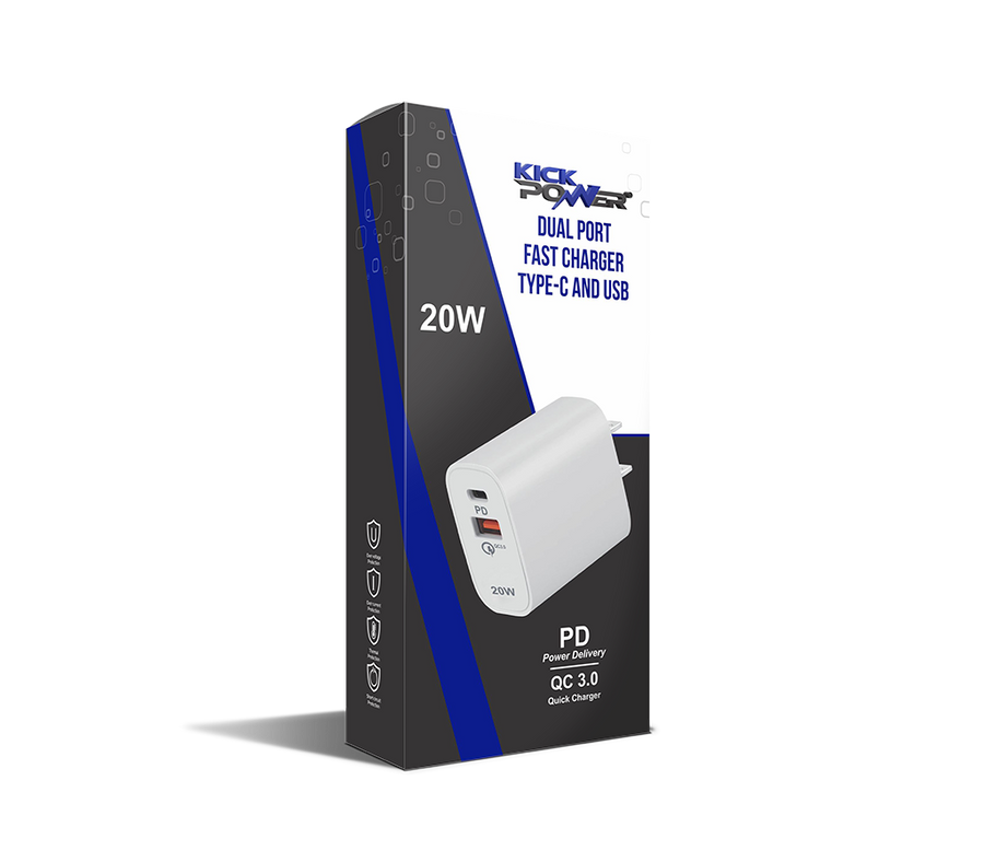Kickpower - Fast Charging 20-Watt USB Dual Port PD Qi Wall Charger for any Smart Device